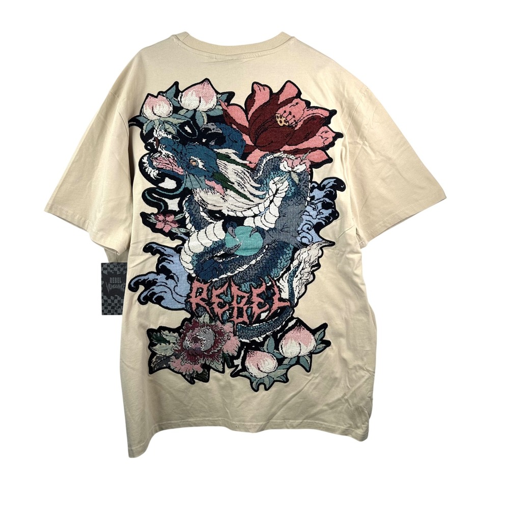 Rebel Vengeance Dragon Tapestry Patch Gothic Streetwear T-Shirt sz XXXL Tan